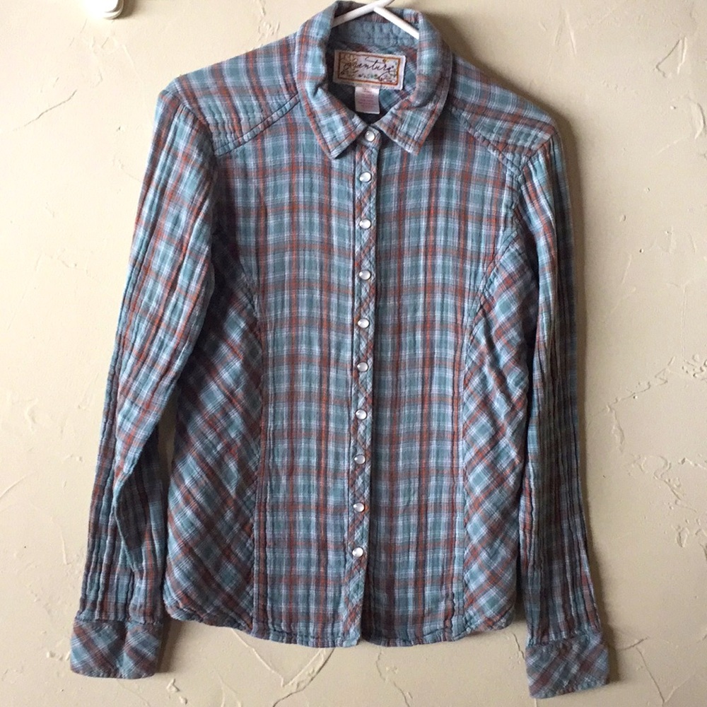 Vintage-Inspired Plaid with Pearl Snaps Lightweight Flannel Light Green & Orange